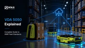 Novus Hi-Tech AMRs in a warehouse connected to cloud-based fleet management system - VDA 5050 explained